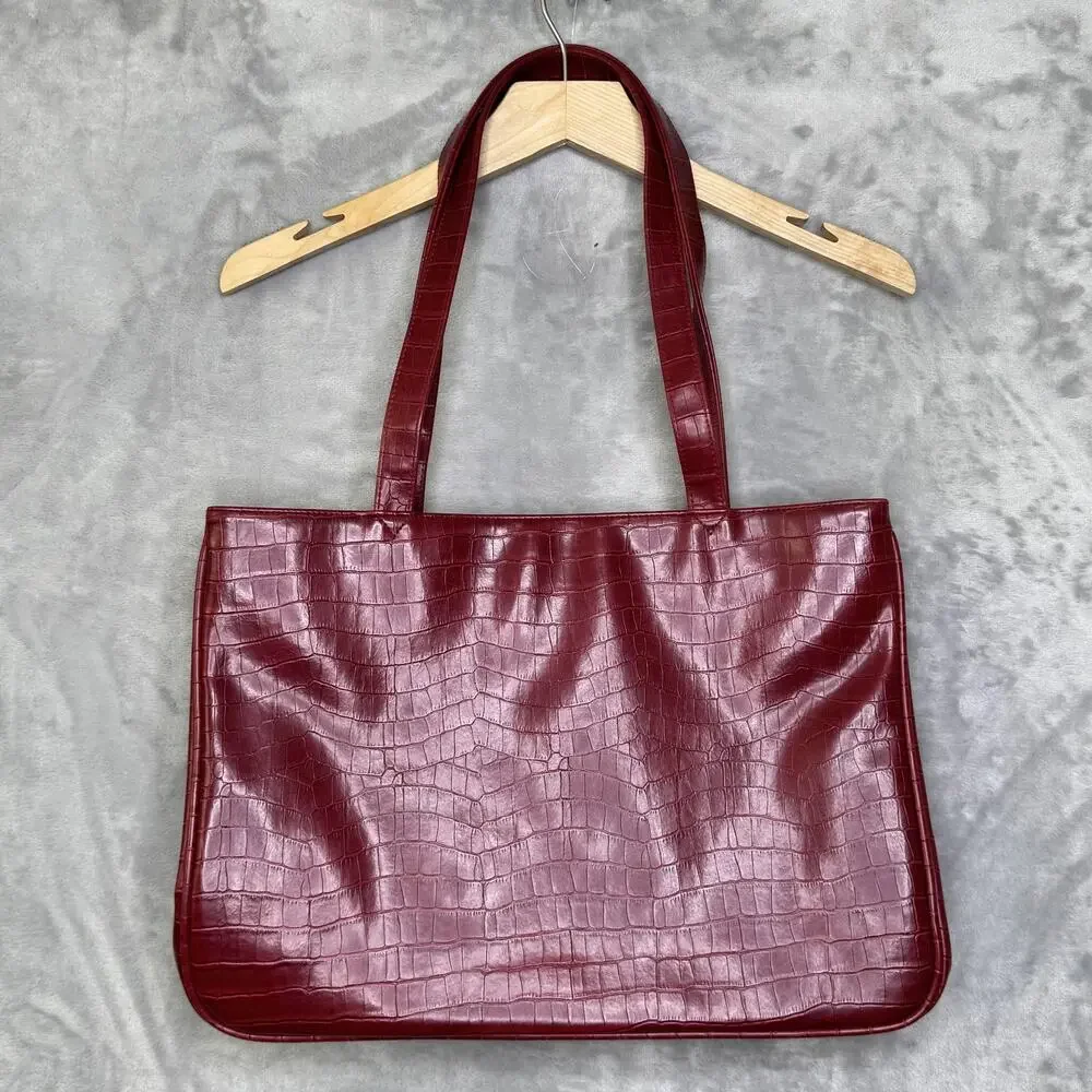 Coldwater Creek Tote Bag Womens Large Red Croc Embossed Faux Leather Purse
